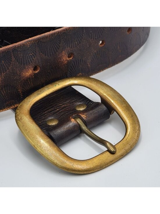 Vtg Y2k J.Crew Tooled Leather Belt With Brass Buckle Dark Brown  Unisex Size 38 main image 15